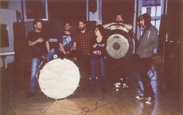 Flight Brigade in the live room behind a bass drum and gong