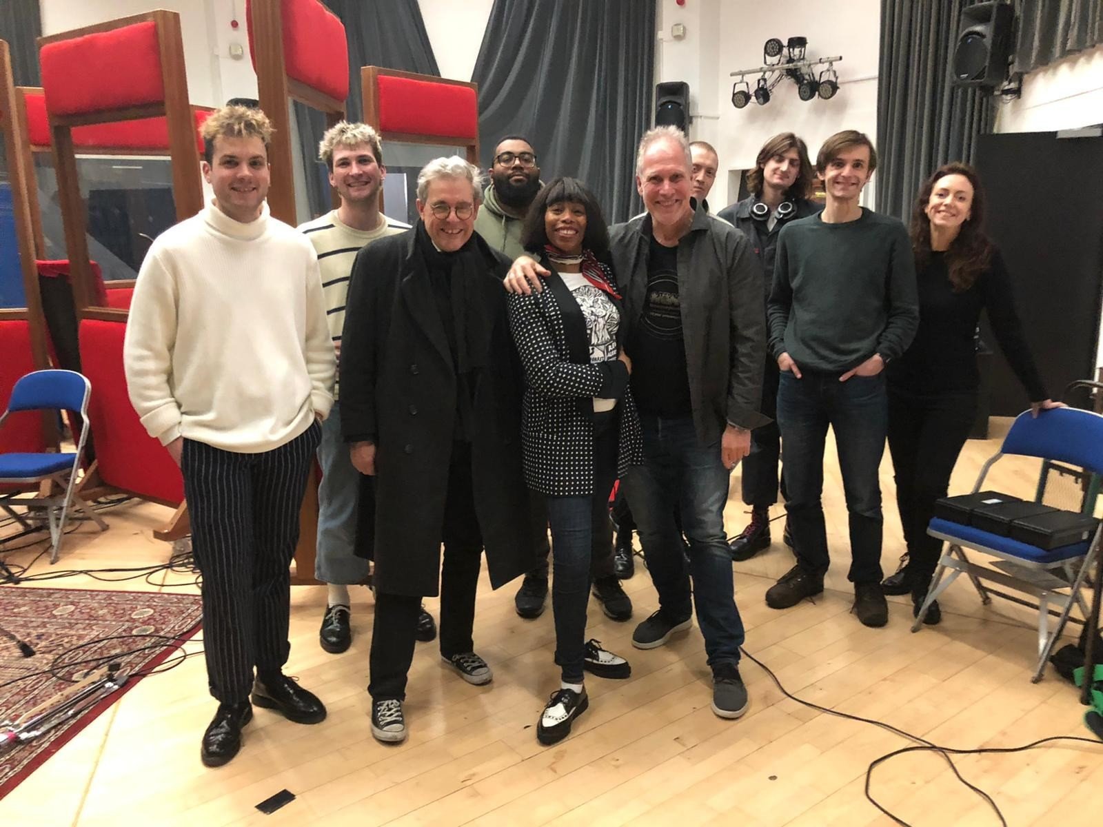 Peter Walsh with Chris Spedding, Sarah Brown, and the Winter School students and interns in the live room