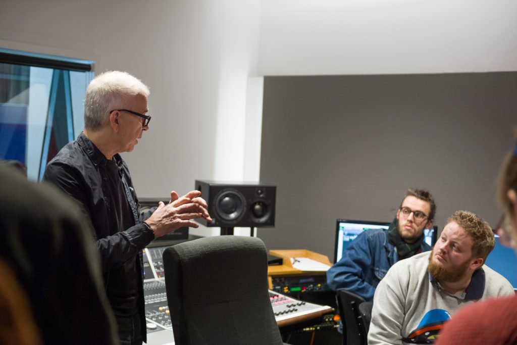 Tony Visconti talking to student engineers in the control room