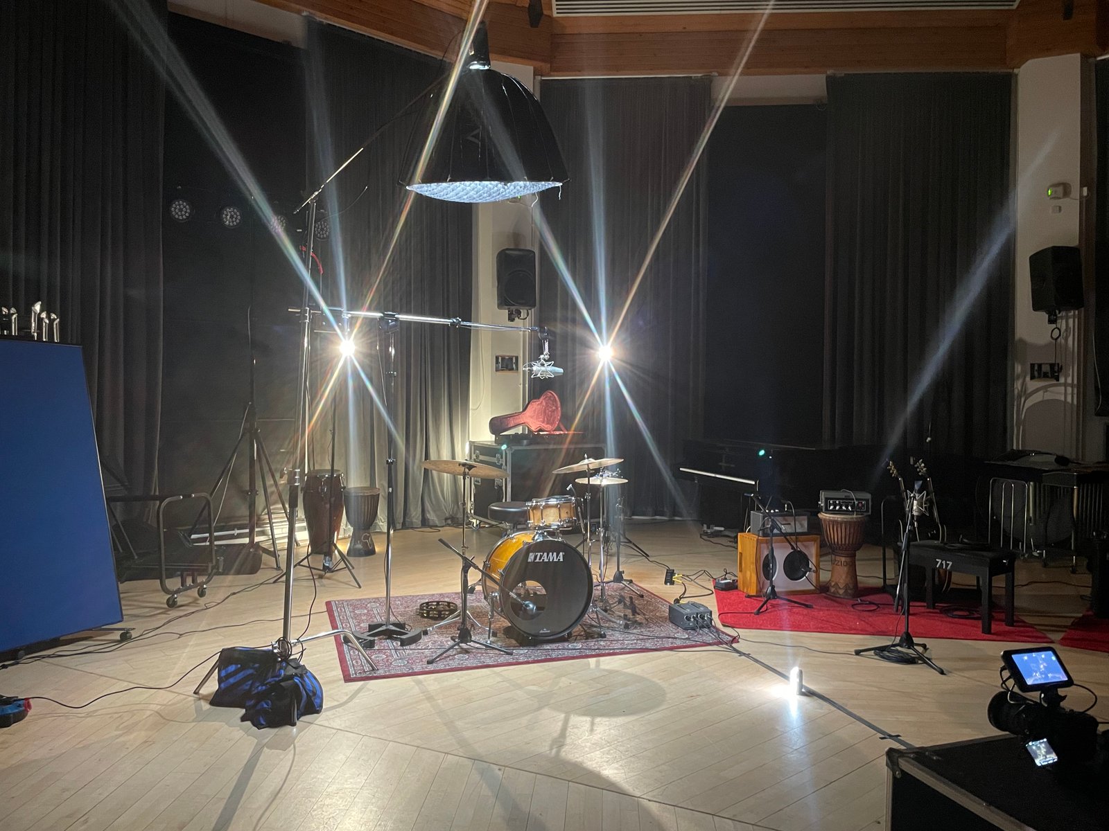 Drums and percussion set up in the live room for both recording and filming