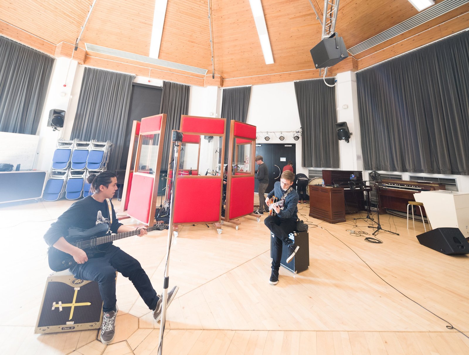 The 300 square metre octagonal live room during a session, ceiling structure overhead