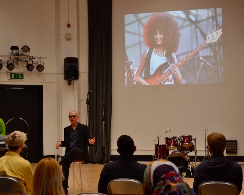 Tony Visconti delivering a lecture to Kingston University music students in the studio's live room
