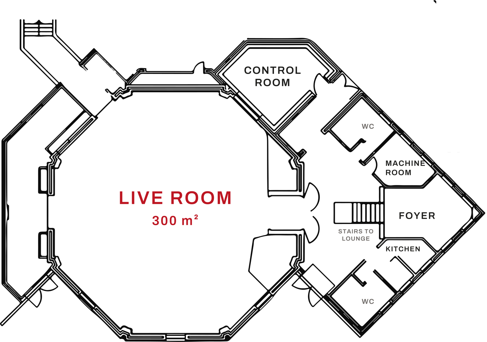 Floor plan of Visconti Studio: the octagonal live room with control room, machine room, and foyer alongside